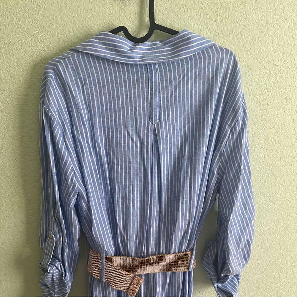 Zara Belted Linen Midi Shirt Dress V-Neck Tab Sleeve Striped Blue White Size XL - Picture 7 of 11